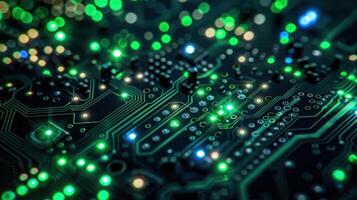 Close-up view of a circuit board with glowing green lights and intricate pathways. photo