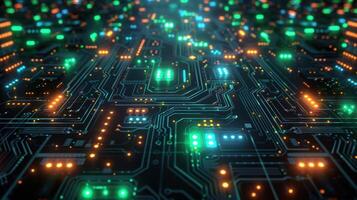 A vibrant close-up of a digital circuit board with glowing lights and intricate pathways. photo