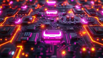 A vibrant close-up of a circuit board with glowing components and intricate details. photo