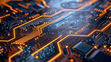 A close-up view of a circuit board with glowing pathways and electronic components. photo