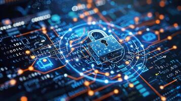 Digital illustration of a lock symbolizing cybersecurity on a circuit board background. photo