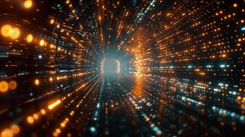 A vibrant digital tunnel with glowing particles, suggesting movement through a futuristic space. photo