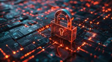 A digital lock symbolizing cybersecurity on a circuit board background. photo