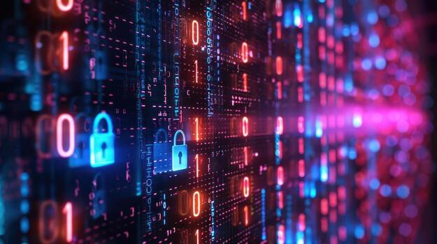 un digital representación de binario código con seguridad Cerraduras, simbolizando la seguridad cibernética. foto