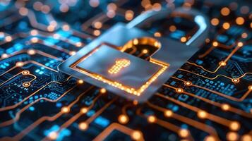 A digital padlock on a circuit board, symbolizing cybersecurity and data protection. photo