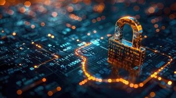 Digital lock symbolizing cybersecurity on a circuit board background. photo