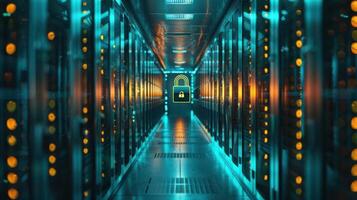 A futuristic data center with glowing lights and a secure lock symbol. photo