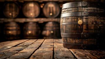 A close-up of a wooden barrel in a rustic setting, hinting at aging beverages. photo