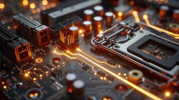 Close-up of a circuit board with glowing components and intricate pathways. photo