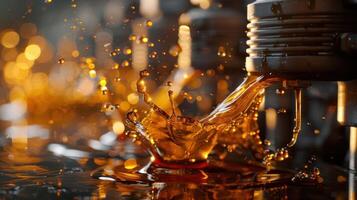 A close-up of oil splashing from a piston, showcasing dynamic movement and fluidity. photo