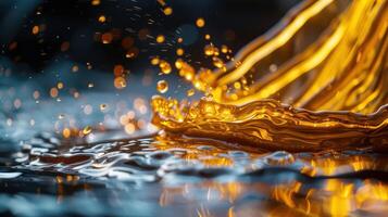 A close-up of water splashing with golden highlights, creating a dynamic and vibrant scene. photo