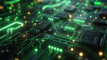 A close-up view of a circuit board with glowing green elements and intricate pathways. photo