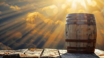 A wooden barrel on a weathered surface with dramatic sunlight and clouds in the background. photo