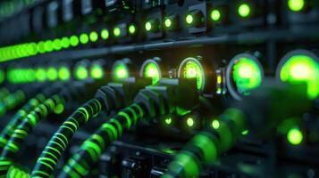 Close-up of illuminated green server connections and gauges in a data center. photo