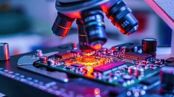 A microscope examining a circuit board, highlighting intricate electronic components. photo