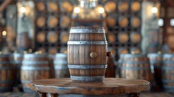 A wooden barrel on a table with a backdrop of stacked barrels in a rustic setting. photo