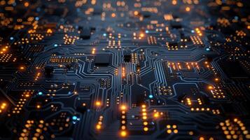 A close-up view of a circuit board with glowing lights, showcasing technology and design. photo