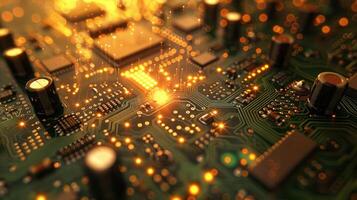Close-up view of a circuit board with glowing components and intricate pathways. photo
