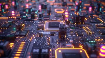 A close-up view of a circuit board with glowing components and intricate connections. photo