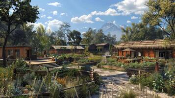 A serene village scene featuring lush gardens, wooden structures, and a mountain backdrop. photo