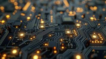 Close-up view of a circuit board with illuminated components and intricate pathways. photo
