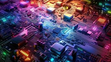 Colorful circuit board with glowing components and intricate pathways. photo