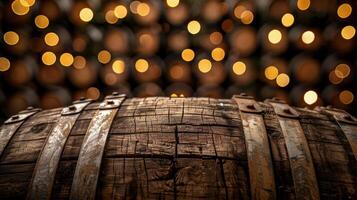 A close-up of a wooden barrel with a blurred background of glowing lights. photo