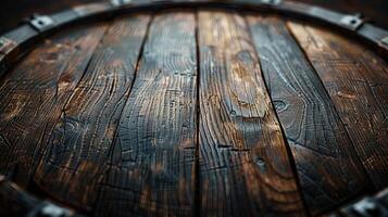 A close-up view of a wooden barrel showcasing its textured surface and craftsmanship. photo