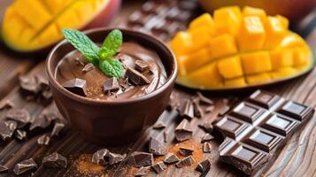 A delicious dessert featuring chocolate mousse, fresh mango, and mint for a delightful presentation. photo