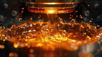 A close-up of molten liquid flowing from a machine, showcasing industrial processes. photo