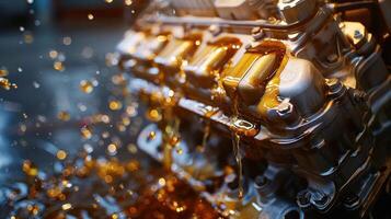Close-up of an engine with oil splashing, showcasing mechanical components and lubrication. photo