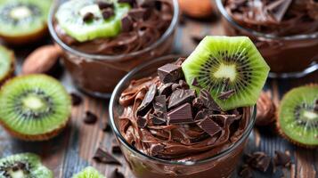 A tempting dessert featuring chocolate mousse topped with kiwi and chocolate shavings. photo