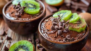 Two bowls of chocolate mousse topped with kiwi slices and chocolate chips. photo