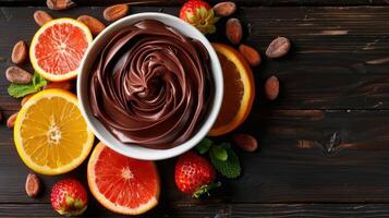 A bowl of chocolate spread surrounded by fresh fruits and cocoa beans on a wooden surface. photo