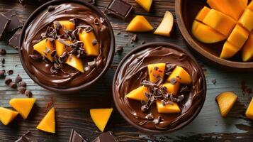 Two bowls of chocolate mousse topped with mango pieces and chocolate shavings, surrounded by chocolate. photo