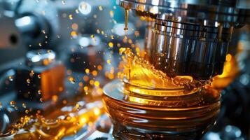 Close-up of industrial machinery with oil splashes, showcasing precision and lubrication. photo