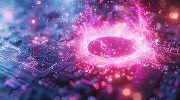 Abstract representation of technology with glowing effects on a circuit board. photo