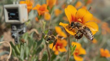 A bee pollinates a bright orange flower, with a camera capturing the scene in the background. photo