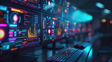 A futuristic workspace with multiple monitors displaying vibrant data visualizations. photo