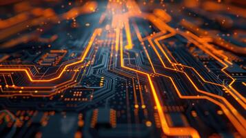Abstract depiction of a circuit board with glowing pathways and digital elements. photo