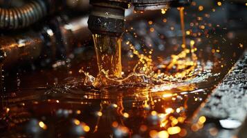 Close-up of oil splashing from a pipe, highlighting industrial processes and fluid dynamics. photo