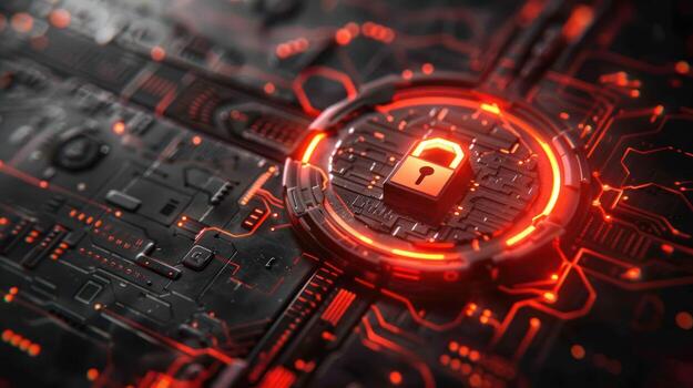 A digital lock symbol on a circuit board, representing cybersecurity and data protection. photo