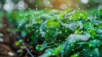 Close-up of green plants with a digital overlay representing technology and growth. photo