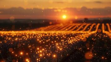 A serene sunset over a field, illuminated by glowing particles in the atmosphere. photo