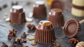 A tempting arrangement of chocolate desserts with caramel drizzle on a dark surface. photo