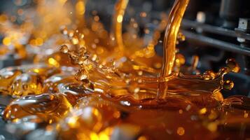 Close-up of flowing liquid, showcasing splashes and bubbles in a dynamic, industrial setting. photo