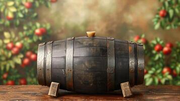 A rustic wooden barrel sits on a table, surrounded by a festive background of greenery and red berries. photo
