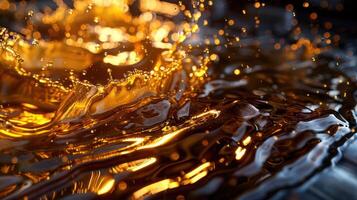 A close-up of golden liquid splashing, creating dynamic shapes and reflections. photo