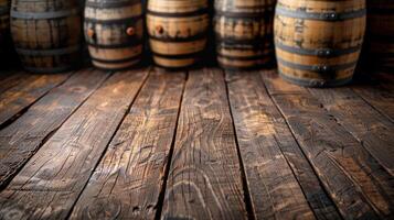 A rustic wooden floor with barrels in the background, suggesting a brewery or distillery setting. photo