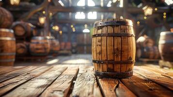 A wooden barrel on a rustic table in a warehouse filled with stacked barrels. photo